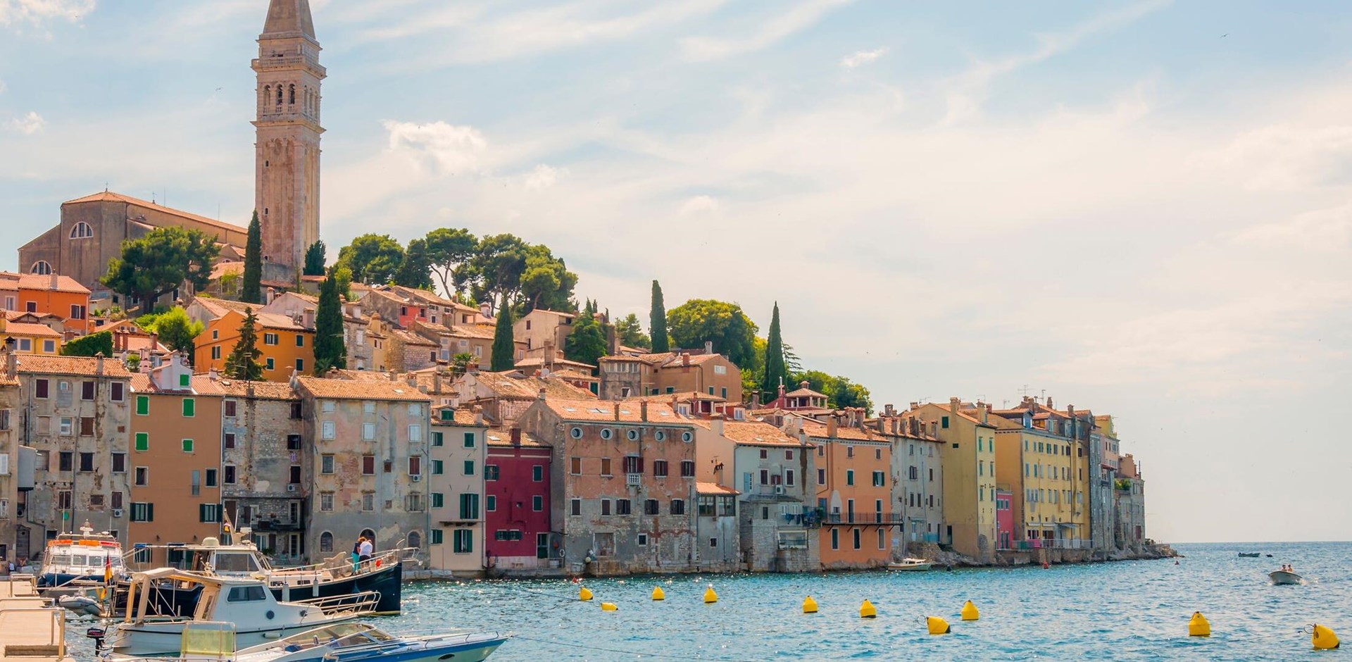 Old town of Rovinj in Croatia cityscape view. Medieval coastal architecture.