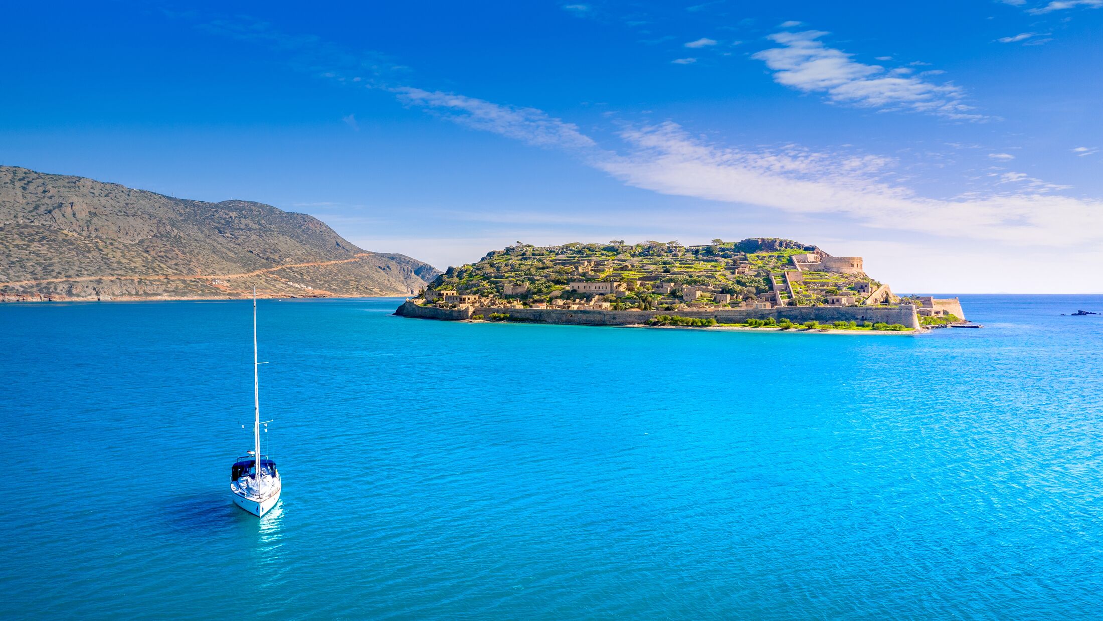 Aerial view of the island of Spinalonga, gulf of Elounda, Crete, Greece.