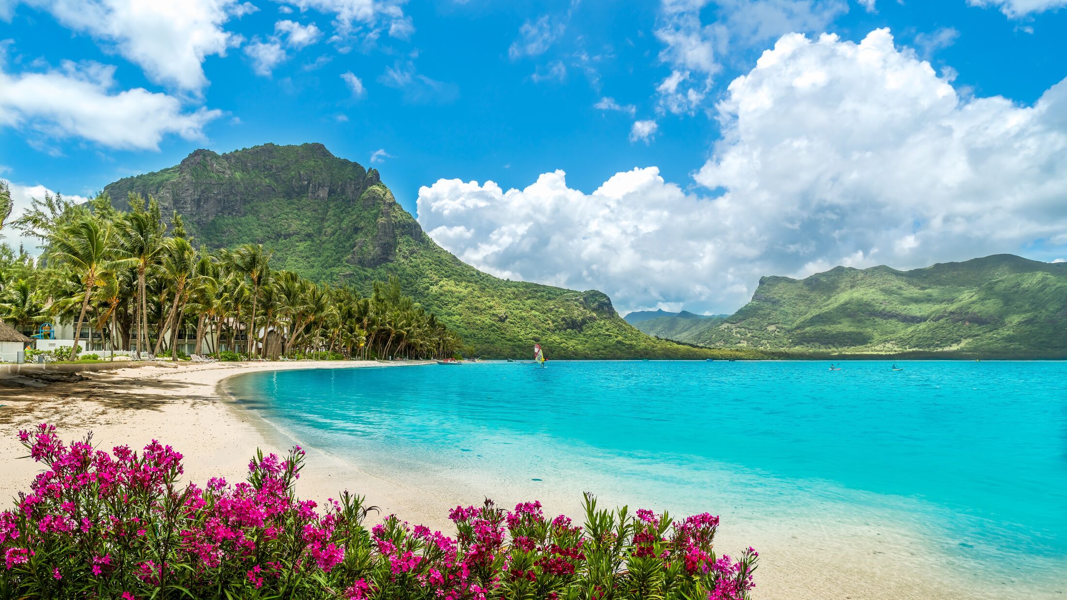 Landscape with Le Morne beach and mountain at Mauritius island, Africa