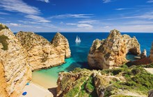 Beautiful bay near Lagos town, Algarve region, Portugal. Sandy beach. Portuguese landmark, popular travel destination