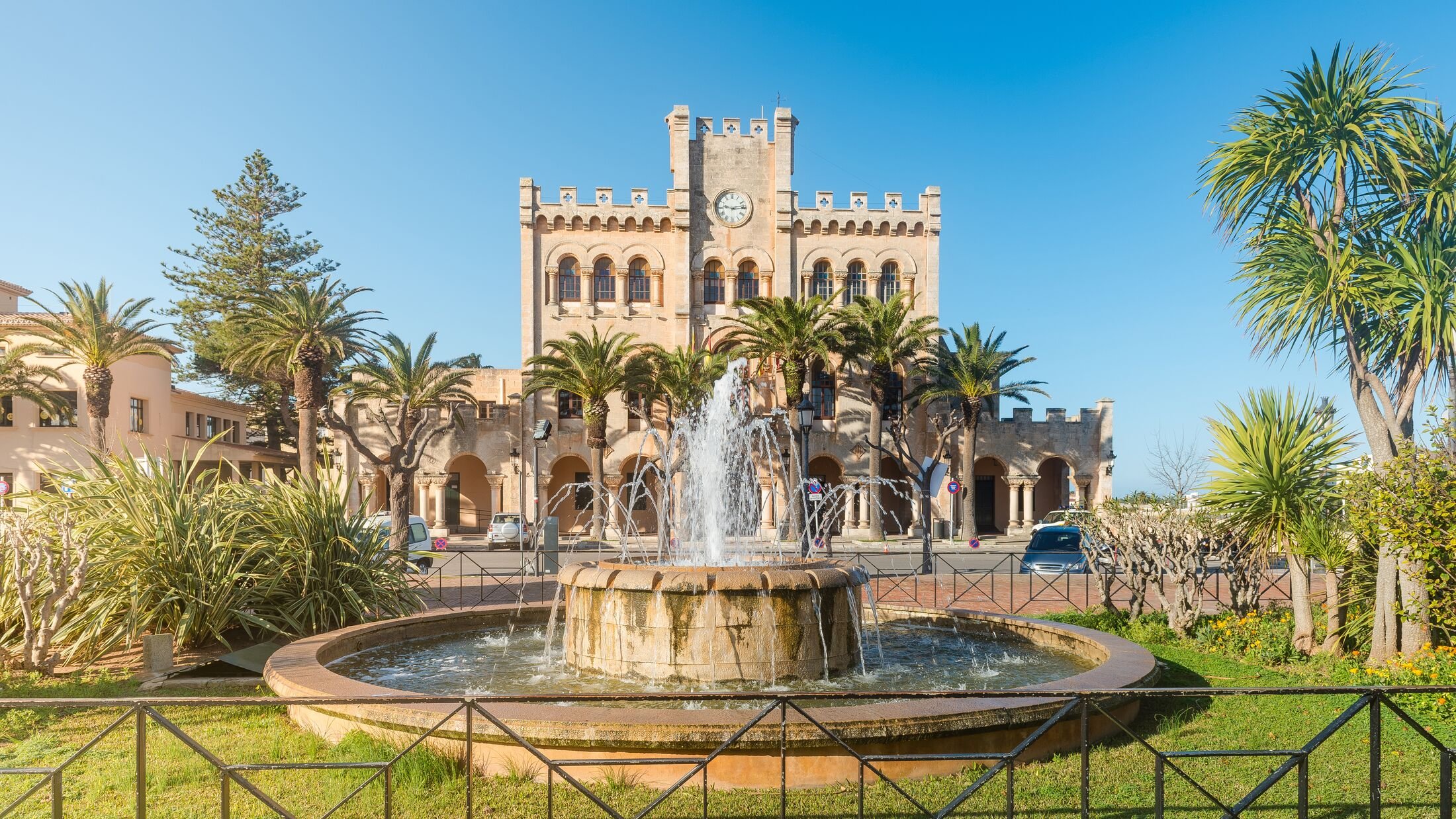 Fountain in front of the Town Hall of Ciutadella in Menorca. Spain