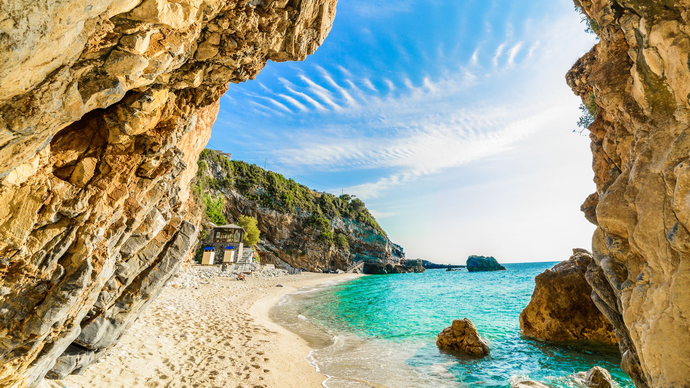 Beautiful view over the sea beach in Corfu island, Pelion, Mylopotamos, Greece