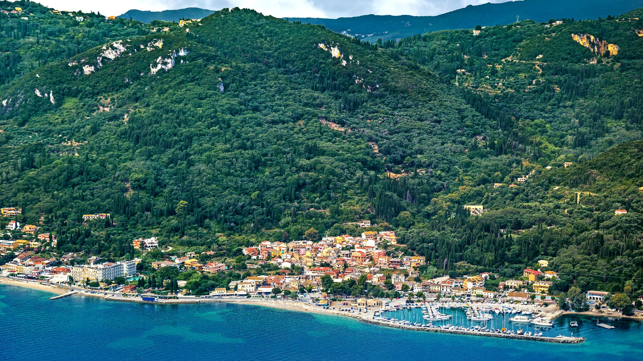 Aerial view of the eastern coast of Corfu in the neighborhood of Benitses, Greece